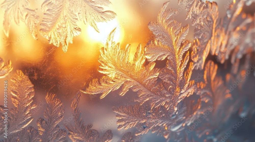 Poster stunning close-up of ice droplets forming intricate patterns on a frosted mirror reflecting a warm s