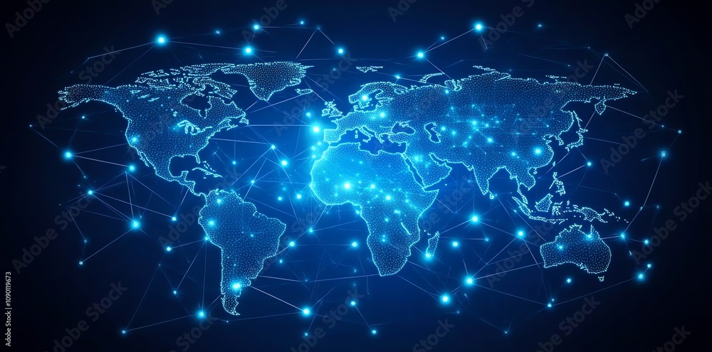 Leinwandbilder Global network connection, world map with glowing nodes and lines, representing digital communication and technology.