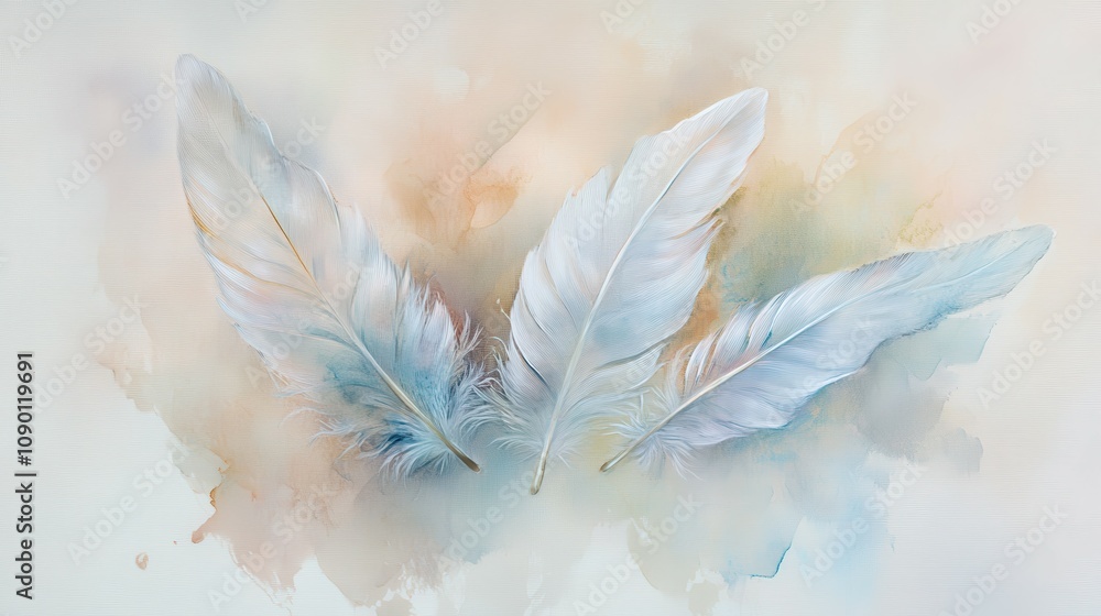 Poster delicate white feathers softly arranged on a light airy background creating a dreamy and ethereal at