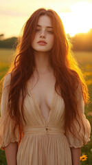 Fototapeta premium woman with long red hair stands in field at sunset, wearing flowing beige dress. warm glow of sun highlights her serene expression and natural beauty of scene