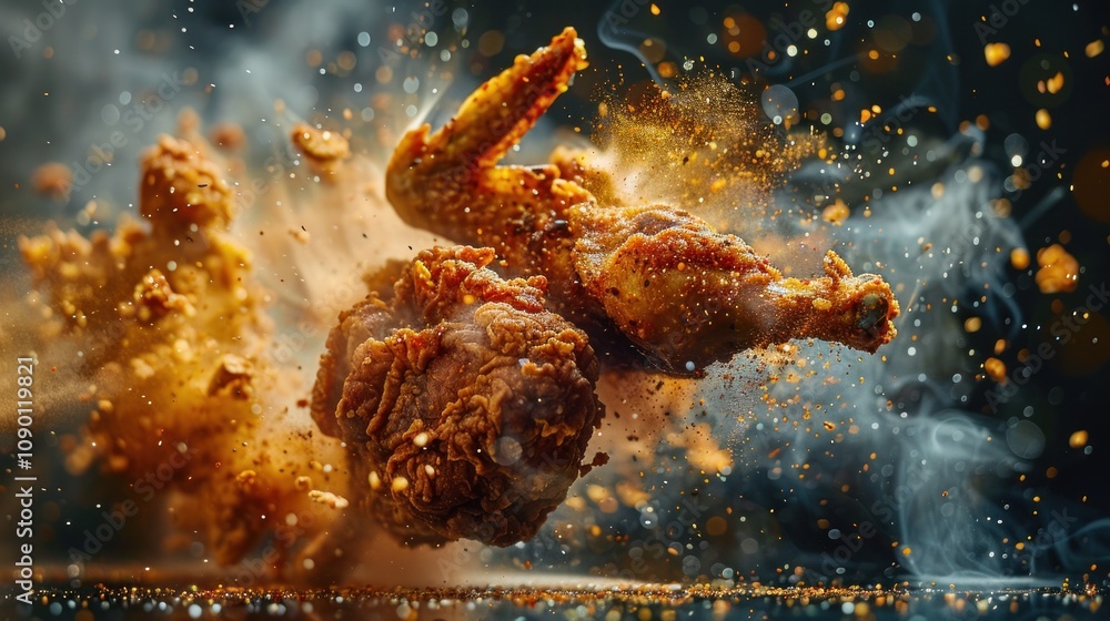 Poster Fried chicken exploding with spices and textures in a dynamic scene.