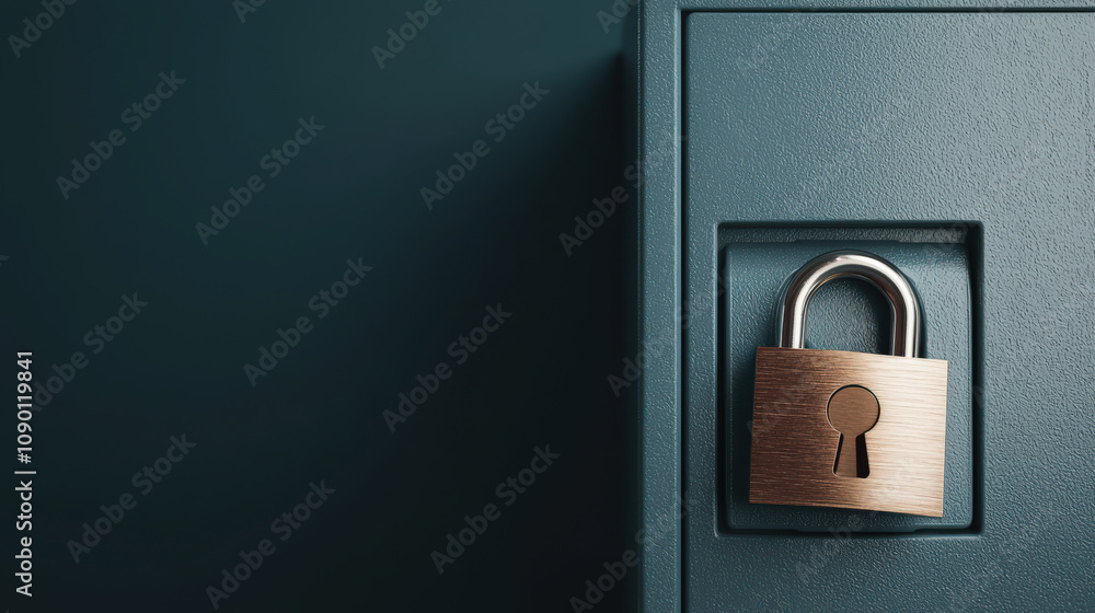 Poster close up view of padlock secured on dark green surface, symbolizing security and protection. metalli