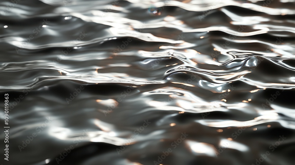 Poster captivating rippled metallic surface reflecting ambient light with glossy finish, ideal for abstract
