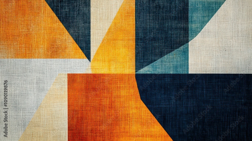 Poster minimal geometric pattern on fabric texture featuring warm and cool tones with a unique arrangement 