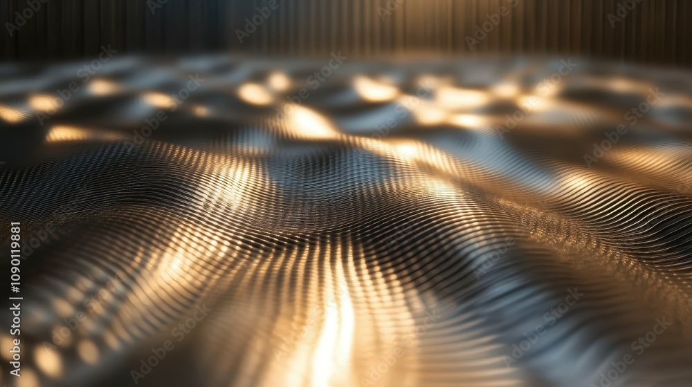 Poster captivating reflection of ambient light on rippling metal sheet creating an artistic play of shadows