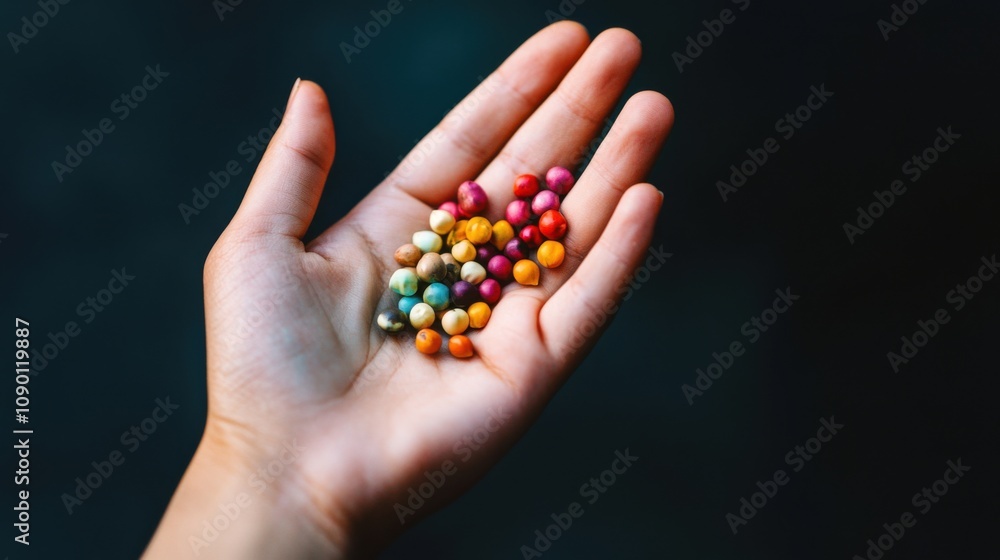 Poster a single hand holding a collection of colorful seeds, symbolizing the potential and promise of diver