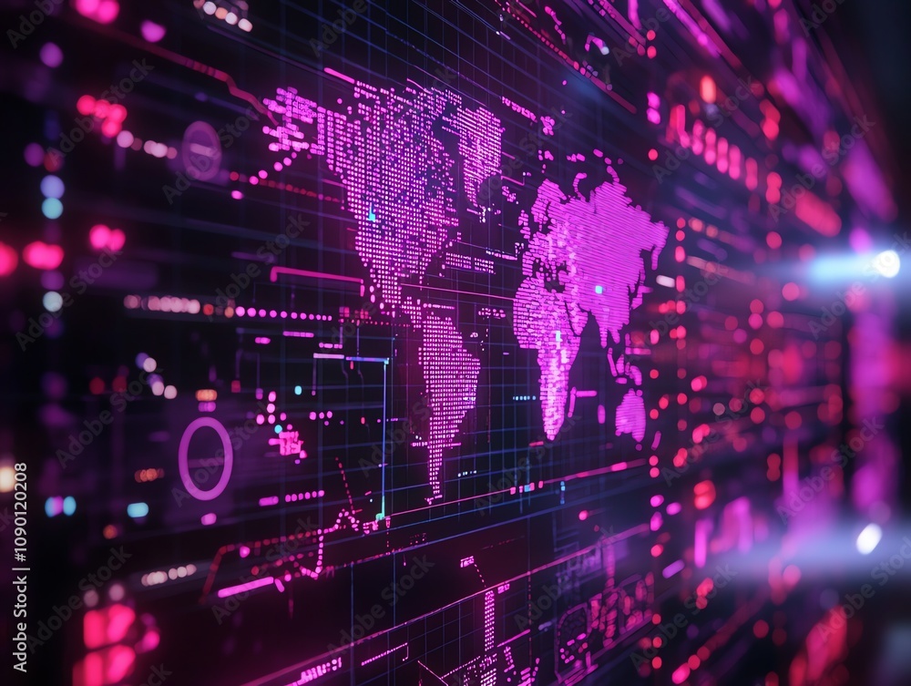 Poster Global network data visualization, digital world map with glowing pink nodes and lines.
