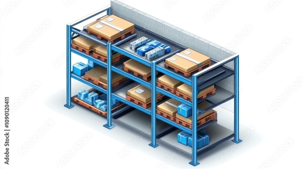 Poster A warehouse shelving unit displaying various packages and boxes for storage and organization.