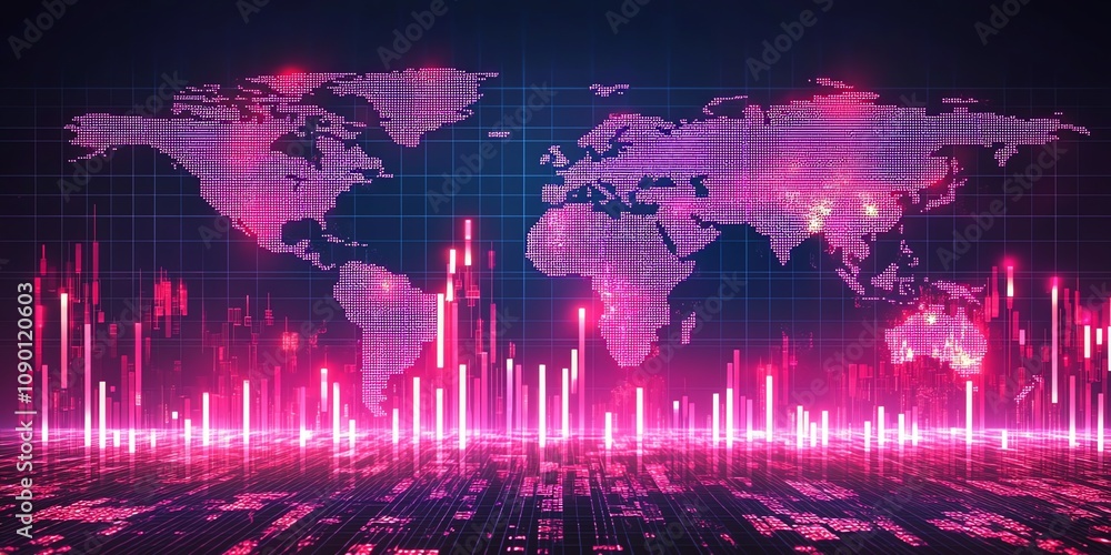 Poster Global network, digital world map with glowing pink data streams.