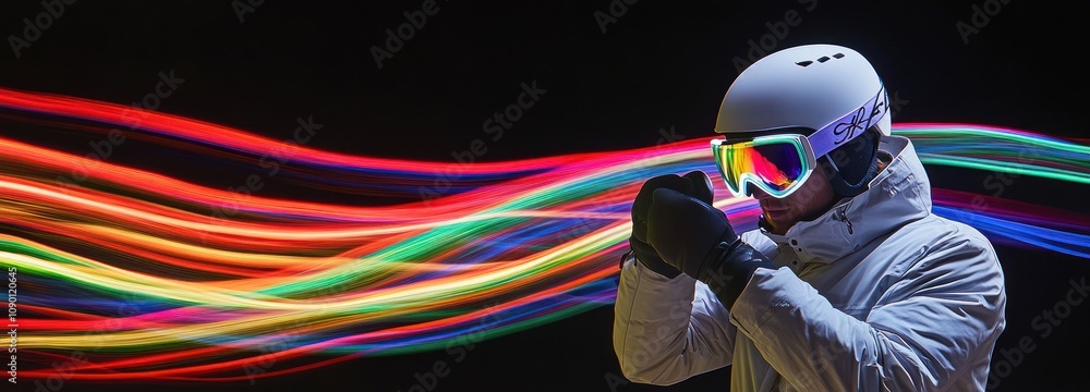 Aufkleber a skier in a helmet and goggles poses against a backdrop of colorful light trails.