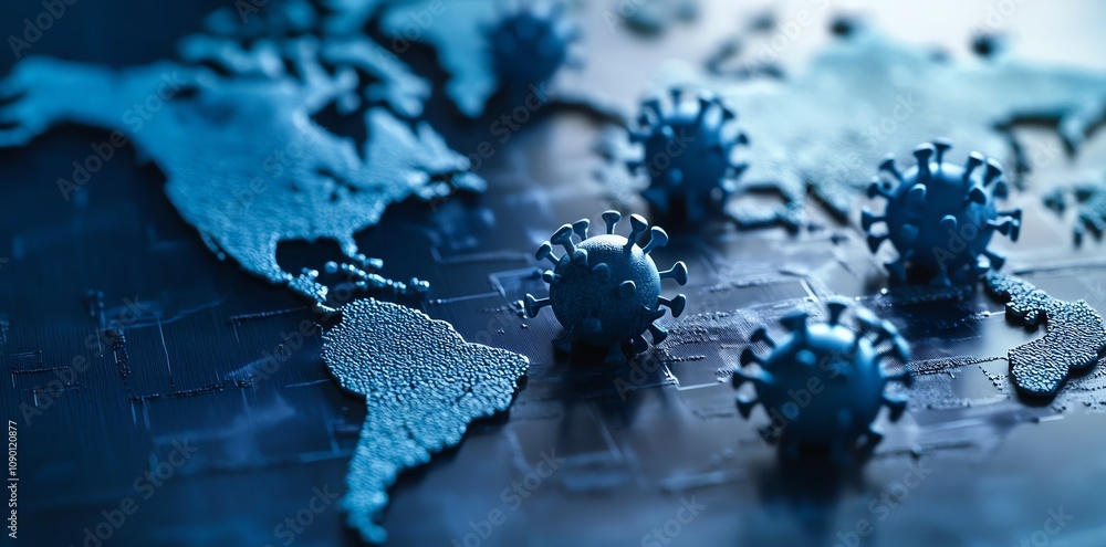 Poster Global pandemic visualization  virus models on a world map.