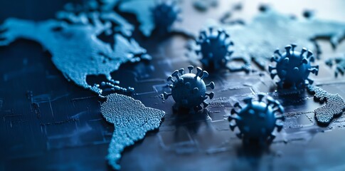 Global pandemic visualization  virus models on a world map.