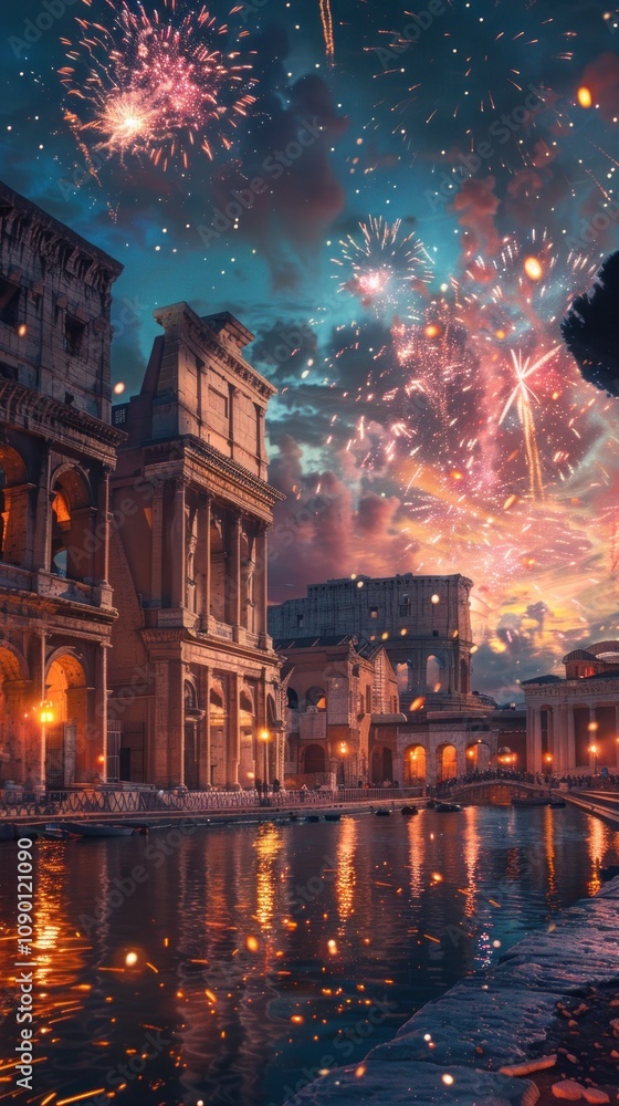 Poster a night scene with fireworks exploding over a city with historic architecture and a reflective river