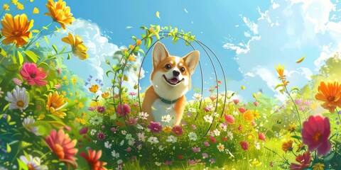 Naklejka premium A cheerful corgi sitting inside a circular cage made of colorful wildflowers, with the sun shining on a lush green meadow. 