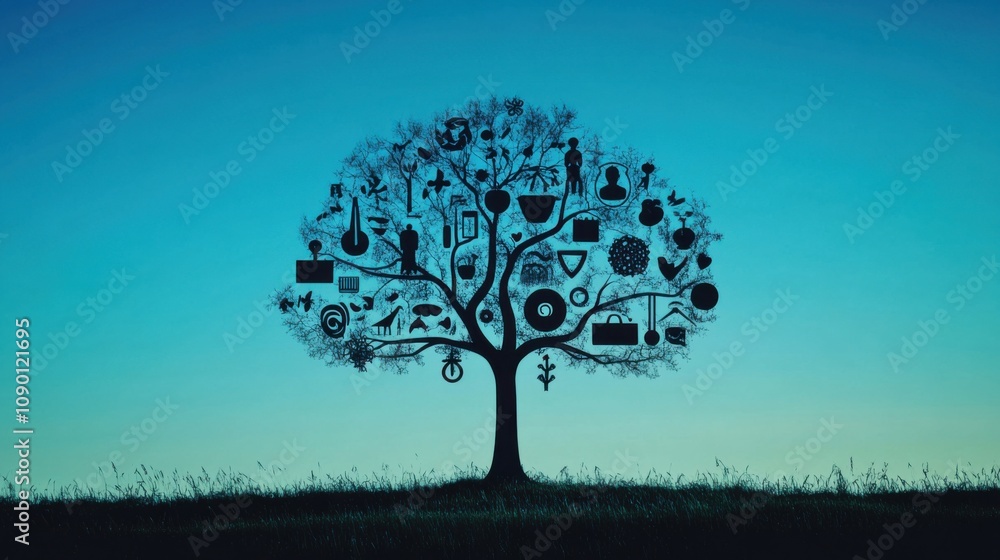 Poster a single tree with branches forming a variety of cultural symbols, highlighting the inclusion of mul