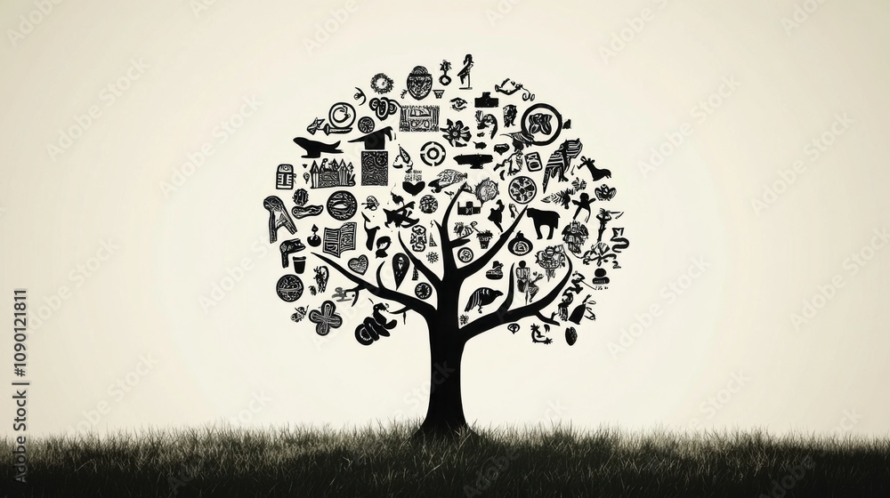 Poster a single tree with branches forming a variety of cultural symbols, highlighting the inclusion of mul