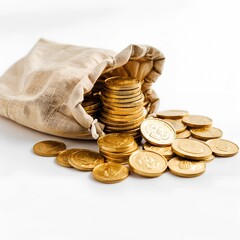 Golden coins bag on a white or transparent background.