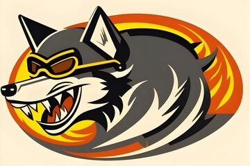 a vintage 1950s logo of dog, wolf head wearing an old school motorcycle car racing helmet and goggles, retro, classic, bold, detailed, iconic, striking, stylish, emblem, timeless, graphic, mascot