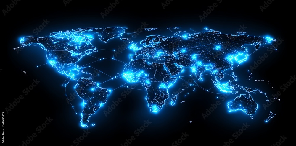 Fototapete Glowing blue world map with interconnected nodes representing global network. (1)