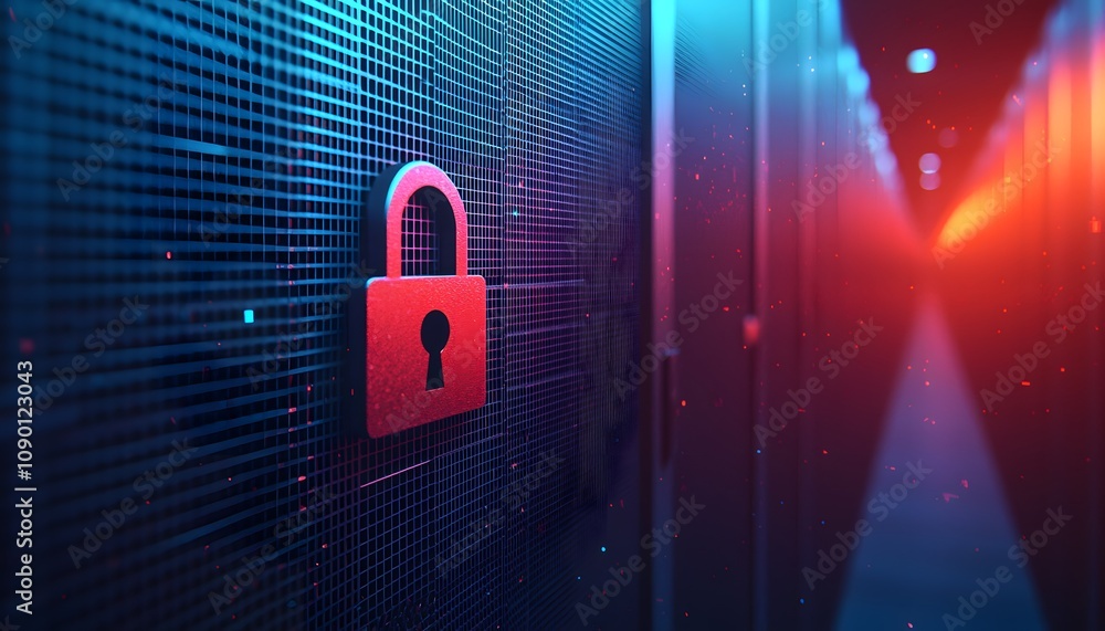 Aufkleber data security red padlock on server rack cybersecurity concept