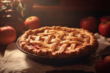 Warm and Delicious Apple Pie Freshly Baked with a Golden Crust and Lattice Top, Surrounded by Fresh Apples on a Rustic Wooden Table