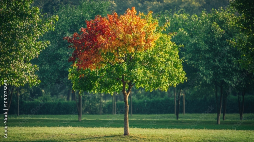 Poster a single tree with leaves of various colors in a serene park, illustrating the idea of growth throug