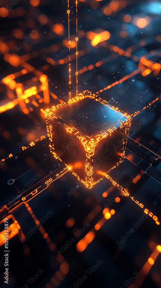 Poster Glowing cube on a digital circuit board, abstract technology background.