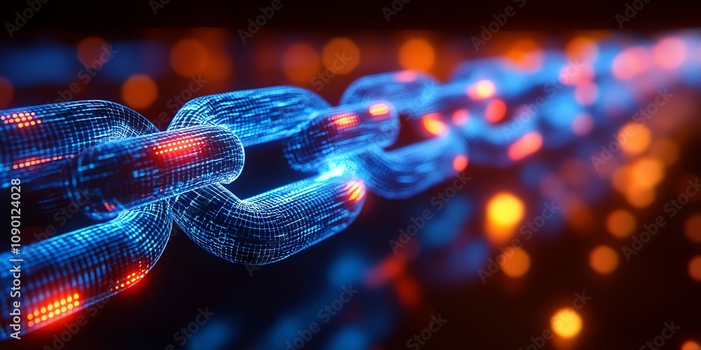 Poster Glowing digital chain link with data flow.