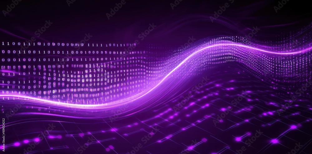 Aufkleber A digital wave of purple light and binary code, representing technology and data flow.