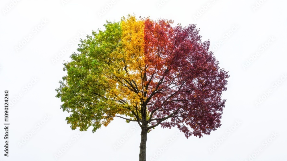 Poster a single tree with leaves of various shapes and colors forming a spiral, highlighting the diversity 