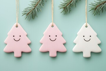 Pastel Christmas Tree Ornaments  Happy Holidays Decorations  Festive Xmas Teal Background