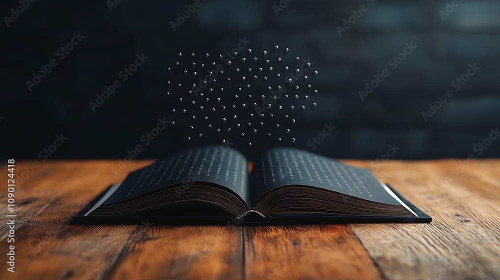 Poster open book with floating text above on wooden table