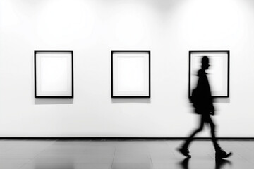 Blurred Person Walking Past Blank Frames in Modern Gallery