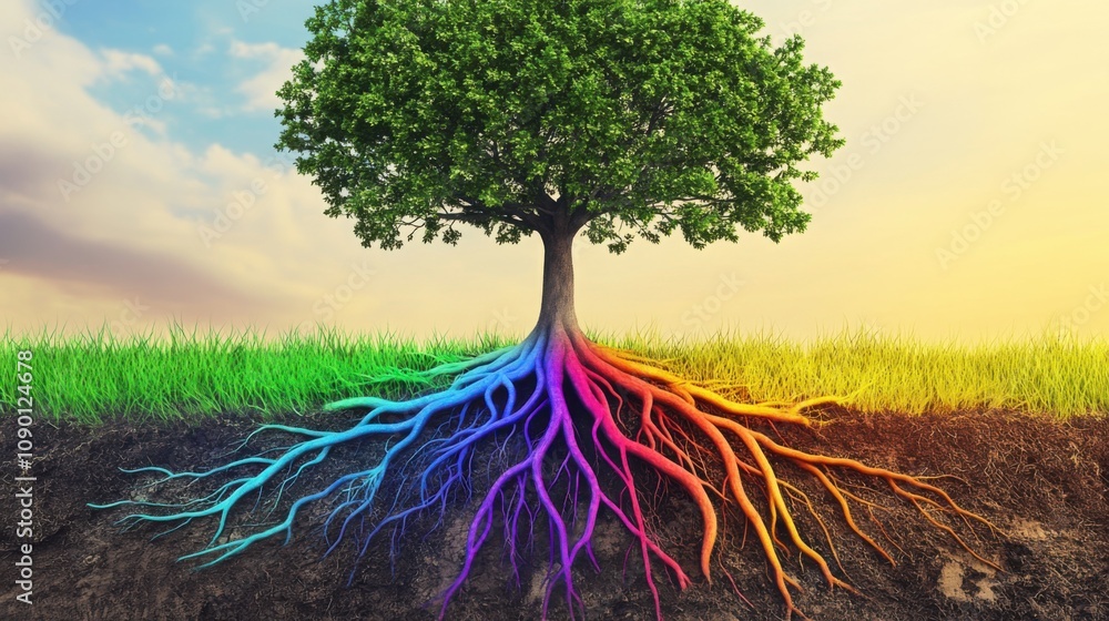Poster A single tree with roots of different colors spreading outward, Representing the diverse foundations and support systems in a community, minimalistic style
