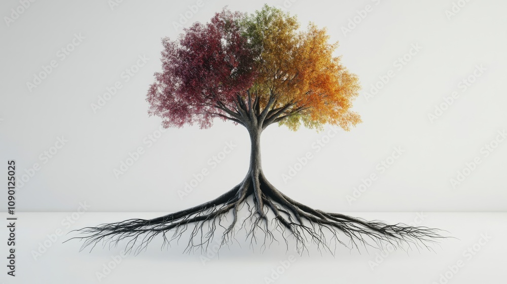 Poster a single tree with roots of different colors, symbolizing the diverse foundations of a united commun