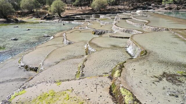 The man made cascading pools at the foothill of Jade Dragon Snow Mountain in Yulong Naxi Autonomous County, Lijiang, in Yunnan province, China. 