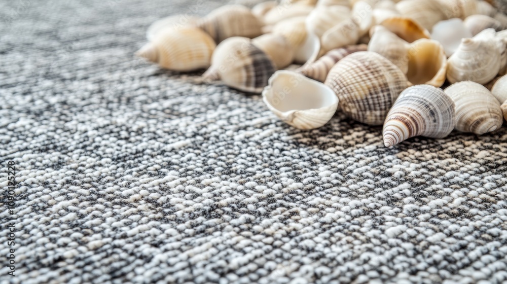 Poster a collection of various seashells scattered on a textured surface.
