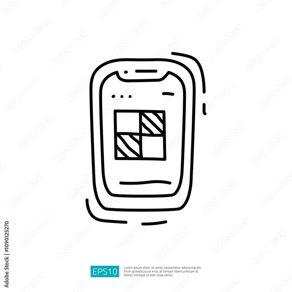 Poster a simple line drawing of a smartphone displaying a grid-like interface, representing mobile technolo