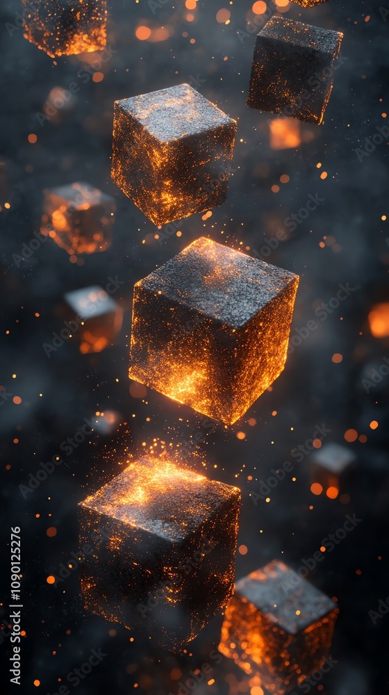 Poster Glowing fiery cubes floating in dark space with sparks.