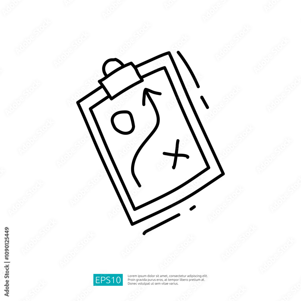 Poster a simple illustration of a clipboard displaying a strategy or plan, featuring a path and an 