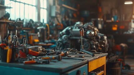 Naklejka premium a mechanicâ€™s tools spread on a workbench, with grease-stained hands fixing an engine in the background, celebrating National Blue Collar Worker Day, 