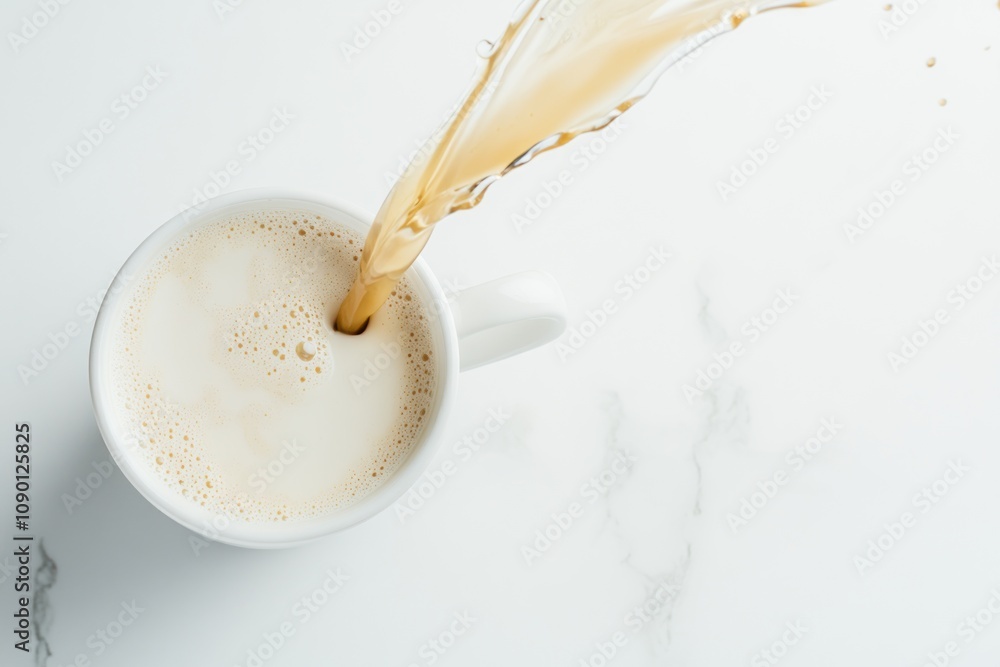 Poster a cup of coffee being poured, creating a frothy surface.