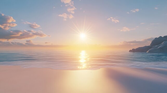 Tranquil sunset over calm ocean waves with a sandy beach and distant rocky outcropping.