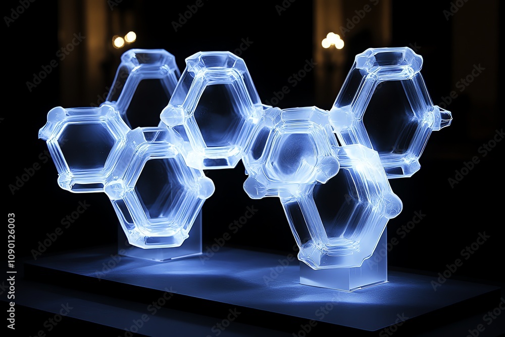 Leinwandbilder glowing hexagonal molecular structure art installation on display.
