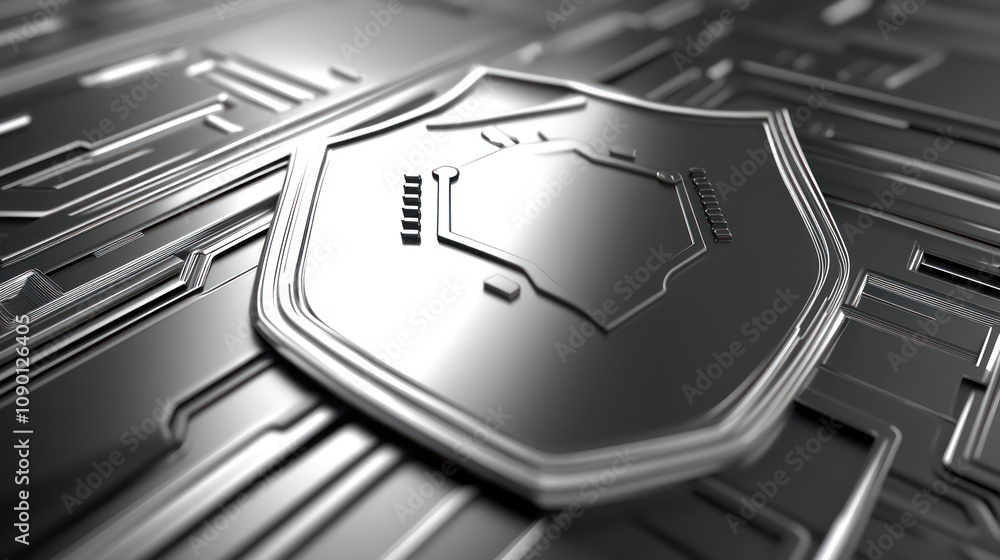 Aufkleber a metallic shield on a circuit-like background, symbolizing protection and technology.