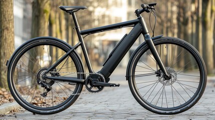 Fototapeta premium Black Electric Bike on Cobblestone Street