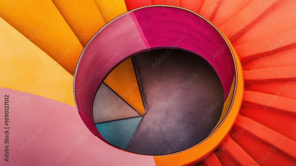 Poster a spiral staircase with steps of different materials and colors, illustrating the journey of diversi