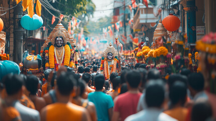 Thaipusam festival, colorful and ornamental scenes, brightly decorated kavadis and elaborate clothing, thousands of people gathered on the streets, Ai generated images
