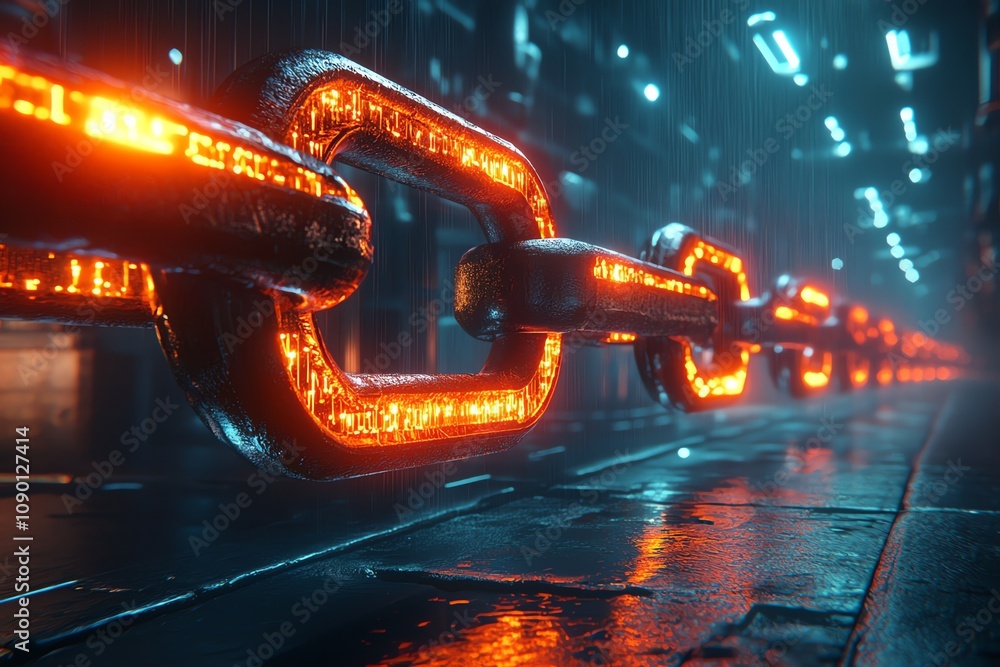 Poster glowing metallic chain links in a dark, futuristic setting.