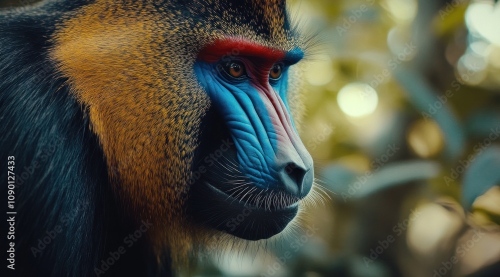 Poster a close-up of a colorful mandrill with vibrant facial features in a natural setting.